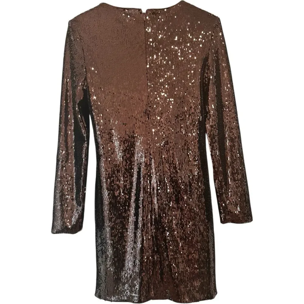 Banana Republic Stretch Sequin Chocolate Ganache Brown Long Sleeve Dress Sz M - Picture 3 of 7